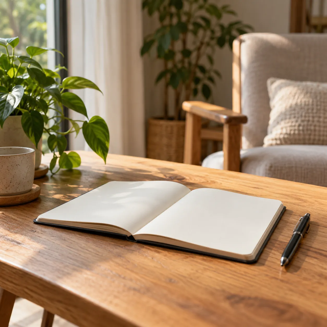 Cuaderno abierto y lapicera sobre una mesa de madera, con una planta al lado