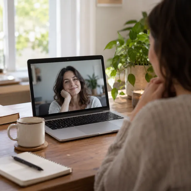 Persona en una videollamada con su notebook, junto a una taza y un cuaderno