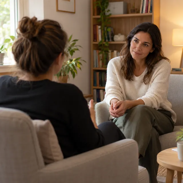 Dos mujeres conversan sentadas en sillones dentro de un consultorio cálido